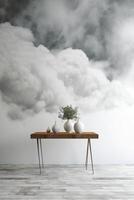 Marble table, white sky wall, grunge cloud texture background, soft blur product display poster design. photo