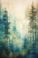 A watercolor painting of a misty forest, tranquil, deep, fairy tale vibe, simple watercolor style with few details, semi abstract. photo