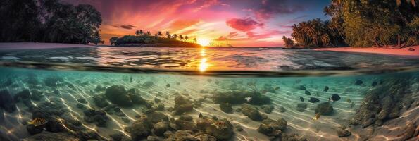 Photograph of beautiful inviting beach scene with pink sunset sky. photo