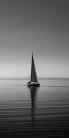 white image of a lone sailboat on a calm sea, photo