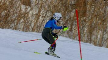 belokurikha, Russisch federatie maart 7, 2018 - jong vrouw skiër Bij de bergen ski toevlucht belokurikha, langzaam beweging. video