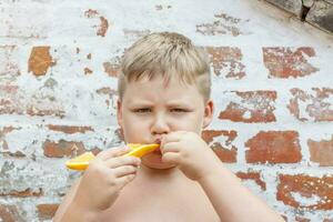retrato de niño. linda chico posando y comiendo un delicioso naranja. el emociones de un niño. foto