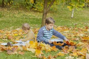 Children play in the autumn Park. The kids throw yellow leaves. Baby boy with a maple leaf. Autumn foliage. Family outdoor activities in the fall. photo