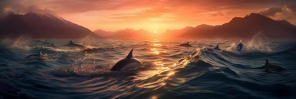 angle shot of a pod of dolphins leaping out of the water in unison with the backdrop of majestic mountains and a vibrant sunset. photo