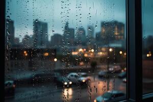 Photography of raindrops on the windows glass in focus with blured city skyline in the background. photo