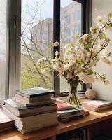 A photo of photobooks next to a big window.