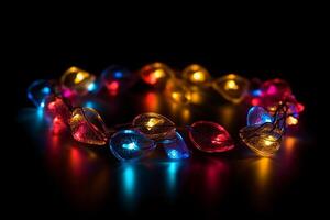 Valentine day background. Love light. Romantic ornament. Yellow round led string neon red blue color blur heart glow festive pattern on defocused dark. photo