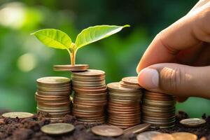 Close up of male hand stacking coins with green bokeh background. photo