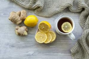 Ginger tea with lemon. Season of colds and infections. Strengthening of immunity. photo