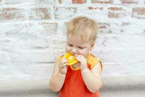 Portrait of child. Cute boy posing with an orange. The emotions of a child. photo