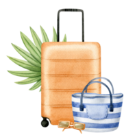 resa orange resväska, randig strand väska, solglasögon, tropisk handflatan löv. turism. sommar semester. vattenfärg illustration. isolerat png