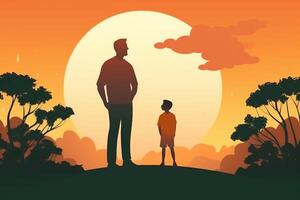 Illustration of father with his little child, tree in the background. Concept of fathers day, fathers love, relationships between father and child. photo