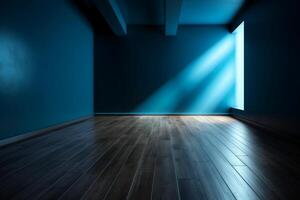 Blue empty wall and wooden floor with interesting light glare. Interior background for the presentation. photo