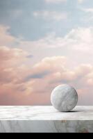 Marble table, white sky wall, grunge cloud texture background, soft blur product display poster design. photo