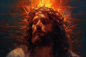 Jesus with a crown of thorns surrounded by glowing light Palette knife drawing. photo