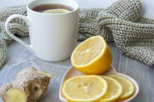 Ginger tea with lemon. Season of colds and infections. Strengthening of immunity. photo