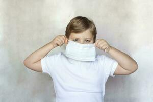 A boy in a medical mask. Coronavirus, disease, infection, quarantine, medical mask, COVID-19. Quarantine and protection from influenza viruses and epidemics covid-19. photo