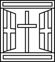 Black Outline Open Window With Christian Cross Icon. vector