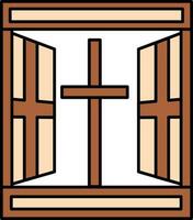 Open Window With Christian Cross Icon In Brown And Peach Color. vector