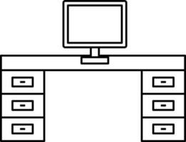 Desktop On Desk Icon In Black Line Art. vector