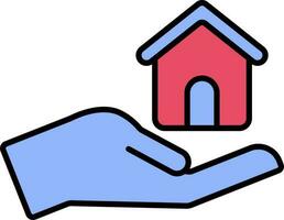 Hand Holding Home Icon In Blue And Pink Color. vector