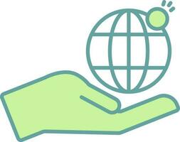 Hand Holding Globe With Coin Icon In Green And White Color. vector