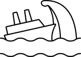 Tsunami And Ship Icon In Line Art. vector