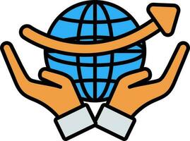 Two Hands Holding Globe Icon In Orange And Blue Color. vector