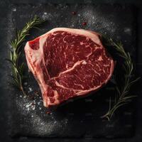 Fresh uncooked marbled beef, black background. photo