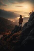 un hombre es en pie en un montaña. ai generativo foto