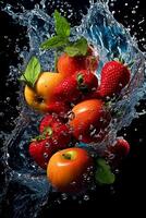 fresh fruits, splash, vibrant colors. photo