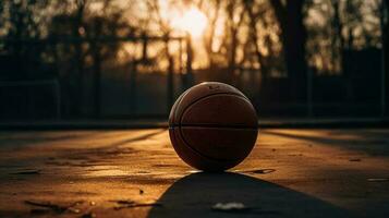A photograpgh of a basketball on a court at sunset,. AI Generative photo