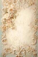 With copy space Old chipped paint background, light cream and gold ornate scrollwork. photo