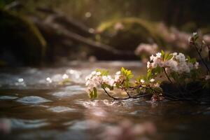 Butterply, cherryblossom, blurred river. photo