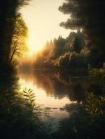 A peaceful lake surrounded by lush greenery and trees, with a realistic yet slightly artistic style. photo