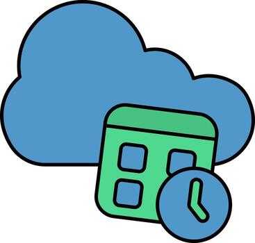 nube con hora administración icono en azul y verde color. vector