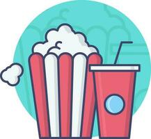 Popcorn With Cold Drink Icon Blue Background. vector