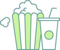 Popcorn With Cold Drink Icon In Green And White Color. vector