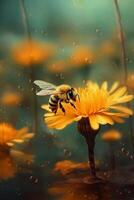 Bee sitting next to yellow flower and drop. photo