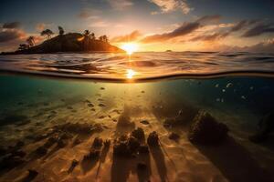 Photograph of beautiful inviting beach scene with sunset sky. photo