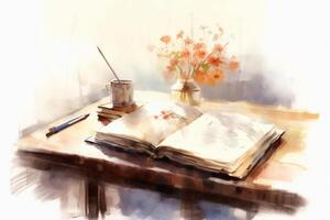 Open book on table in watercolor painting style. photo