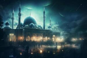 el mezquita, kareem linterna, borroso estrella en noche cielo fondo, eid Alabama adha concepto. ai generativo foto