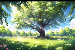 Beautiful wide format image of a manicured country lawn surrounded by trees and shrubs on a bright summer day. photo