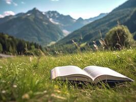 libro en el prado con montaña a antecedentes. ai generativo foto