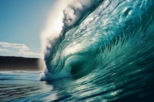 tropical azul surf ola. Brillo Solar en el ola barril. No gente. hermosa profundo azul tubo ola en el océano. ai generativo foto