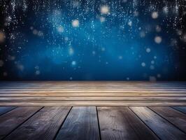Winter snowy stage background with wooden flooring and Christmas lights on blue background, banner format, copy space. photo