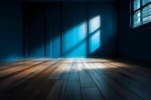 Blue empty wall and wooden floor with interesting light glare. Interior background for the presentation. photo