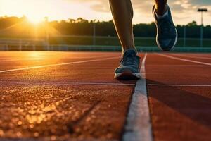 Runners feet in a athletic running track. Young man athlete training at sunset. photo