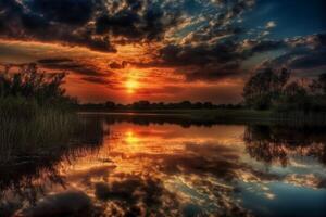 A scene in which the entire sky is reflected in the water. photo