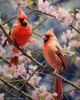 watercolor impressionist painting of cardinals depicting. photo